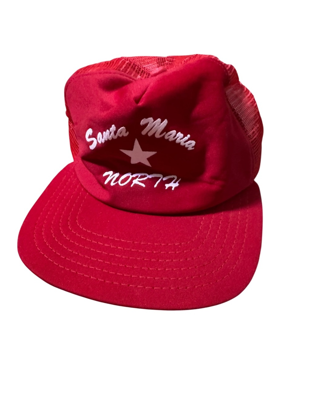 Vintage 80s New Era Dupont Visor Pro Design Trucker Hat Red Santa Maria North